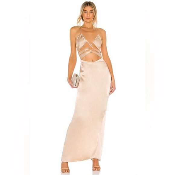 Michael Costello x REVOLVE Josie Cut Out Gown in Nude Satin Halter Maxi Dress - Picture 1 of 12